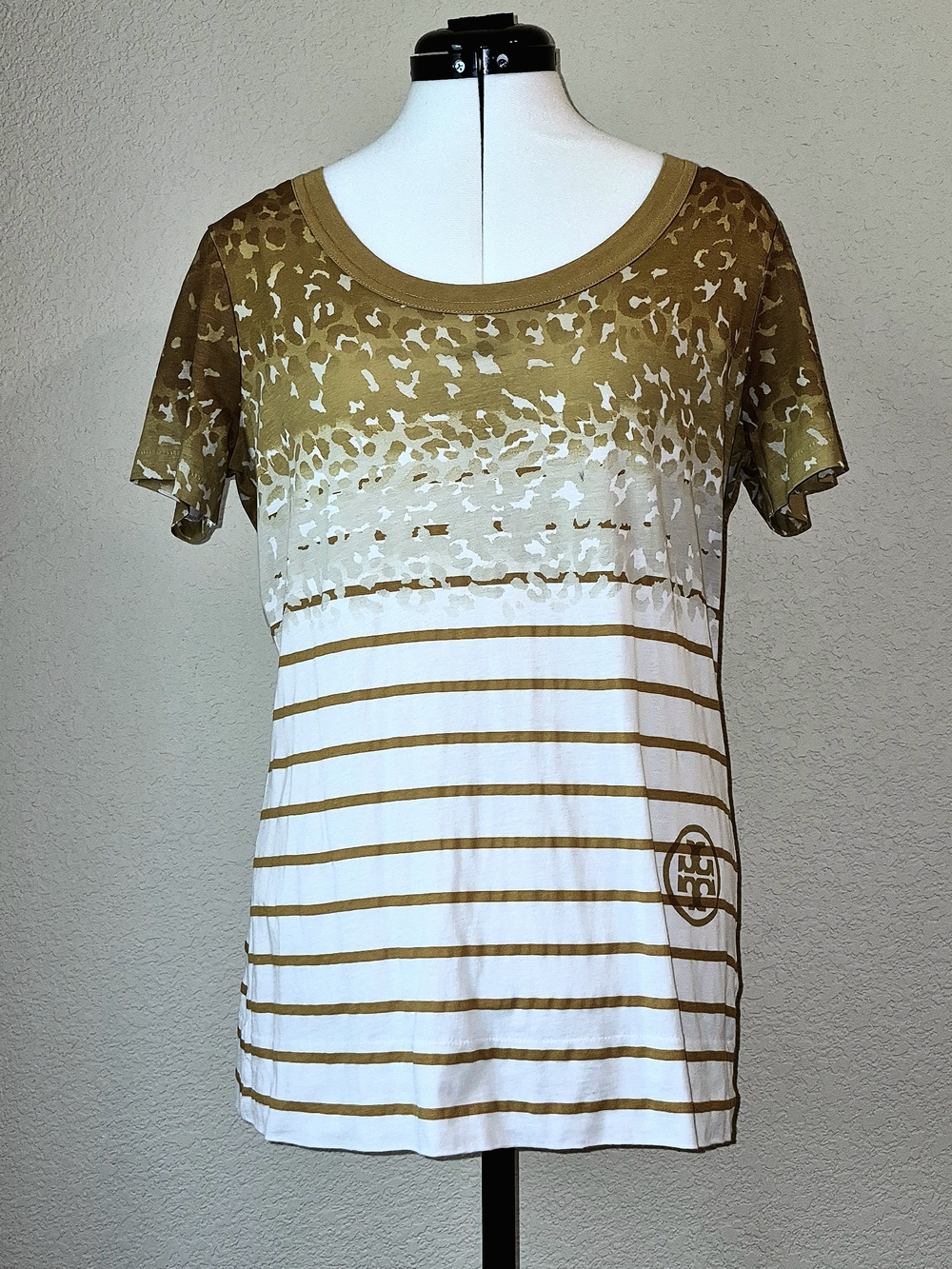 Tory Burch Olive Green and White Striped Short-Sleeve Tee